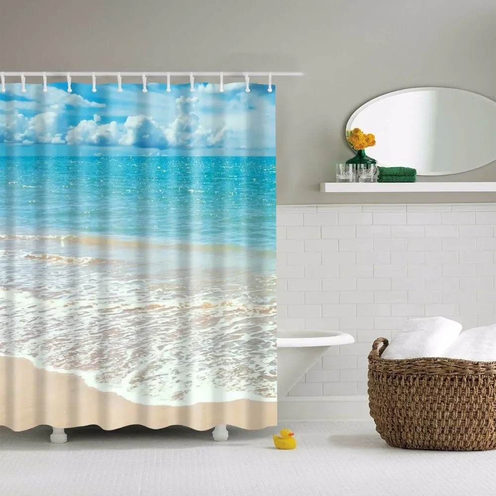 Duschvorhang Strand Muscheln Seestern Palmen Sonnenuntergang Badezimmer - Bild 9 von 12