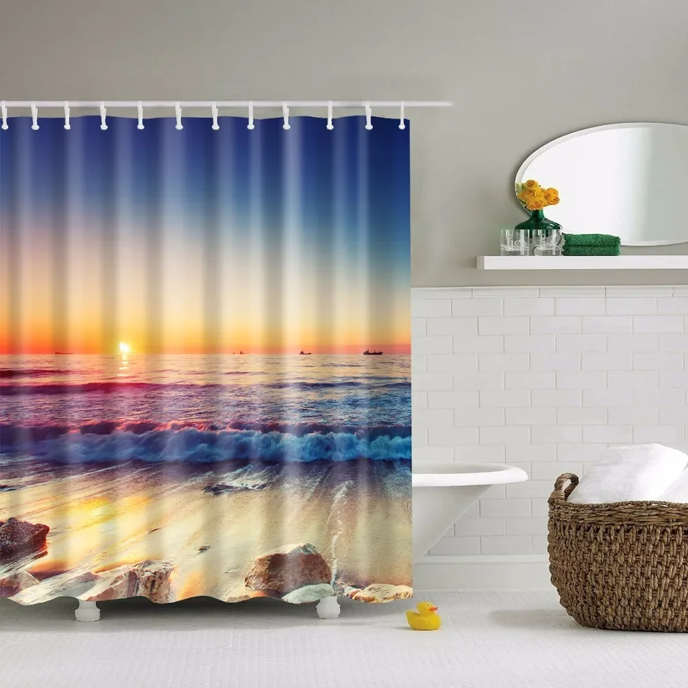 Duschvorhang Strand Muscheln Seestern Palmen Sonnenuntergang Badezimmer - Bild 8 von 12