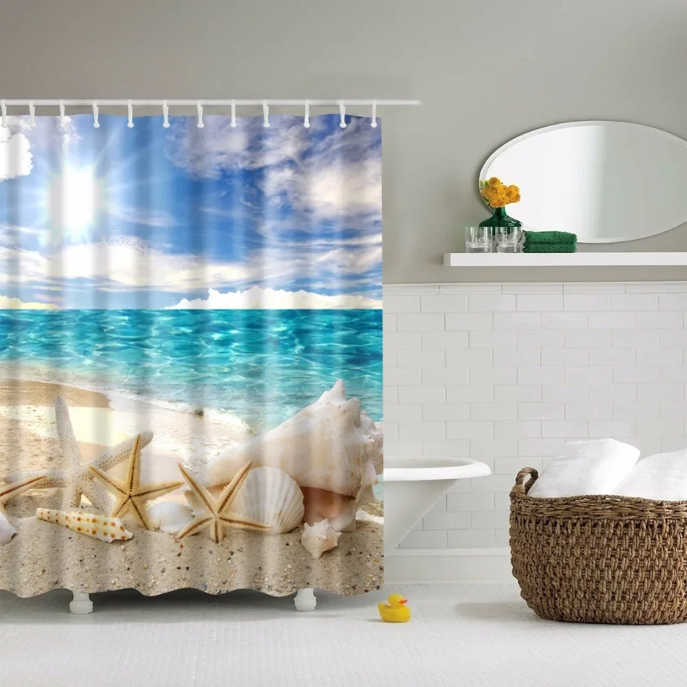 Duschvorhang Strand Muscheln Seestern Palmen Sonnenuntergang Badezimmer - Bild 12 von 12