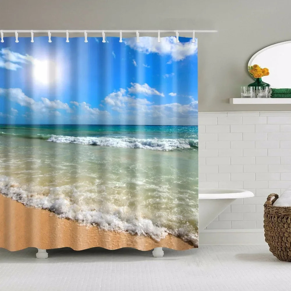 Duschvorhang Strand Muscheln Seestern Palmen Sonnenuntergang Badezimmer - Bild 10 von 12